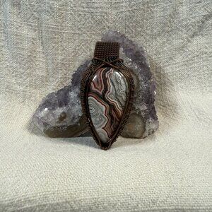 Handmade Copper Wire Wrapped Crazy Lace Agate Teardrop Natural Gemstone Pendant